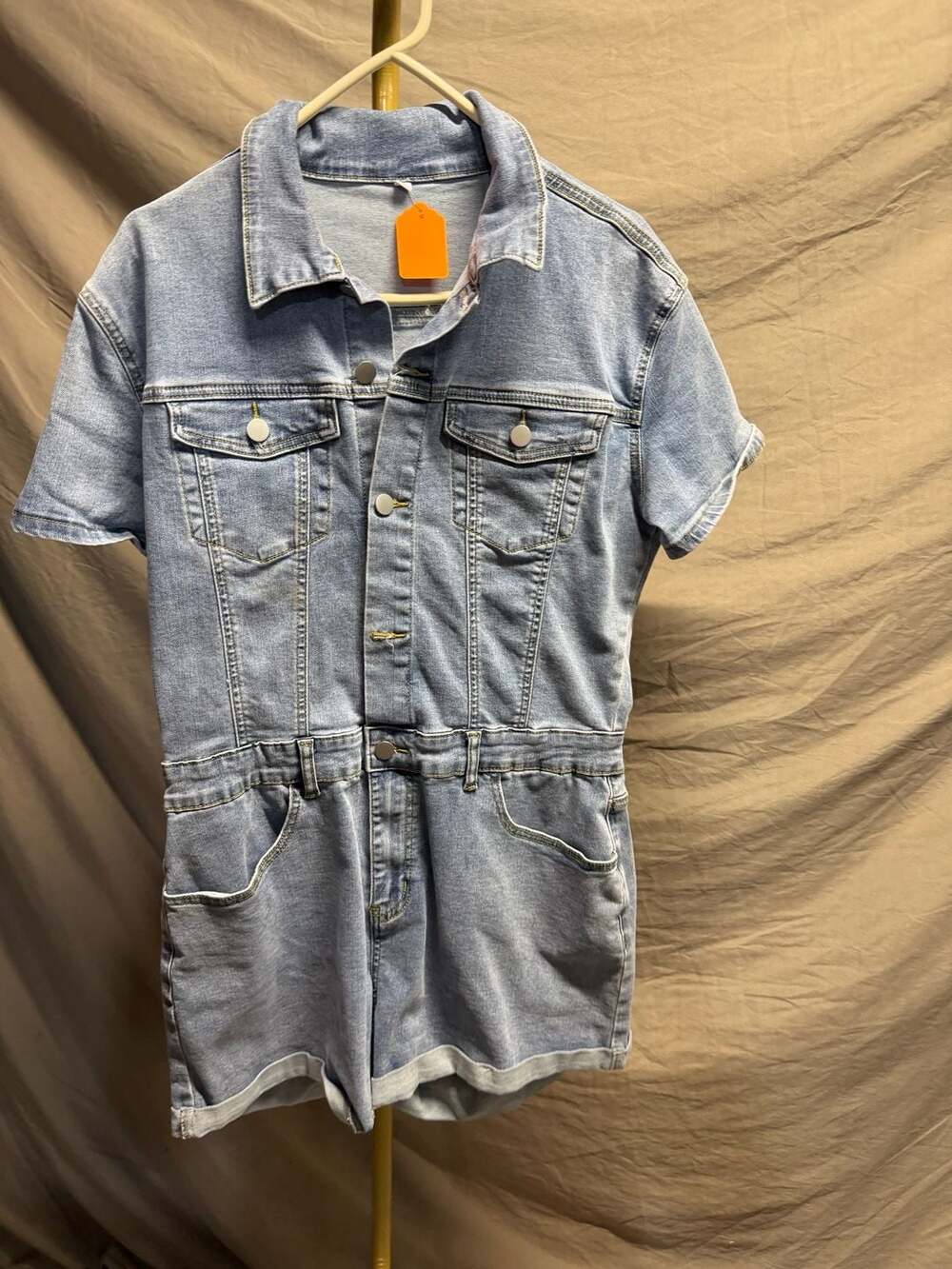 Women's Short Sleeve Button-Front Denim Romper